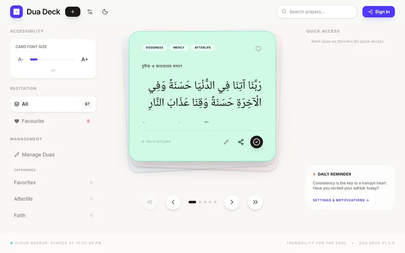 Dua Deck showing a swipeable dua card in Arabic