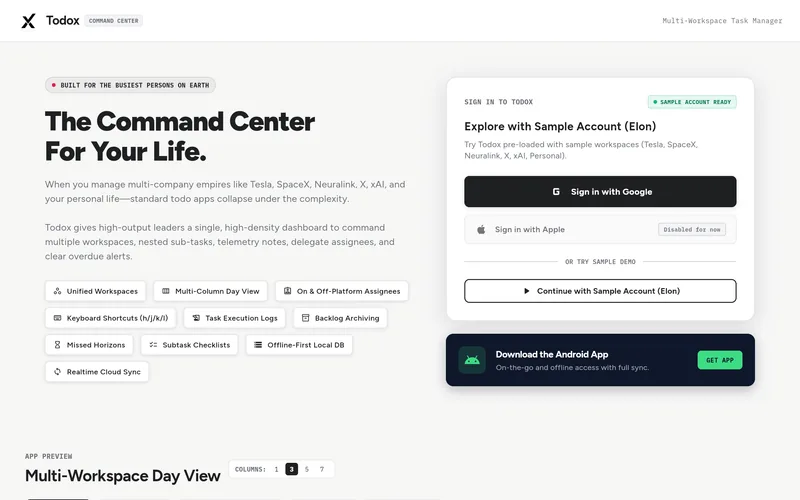 Todox home page with the headline The Command Center For Your Life